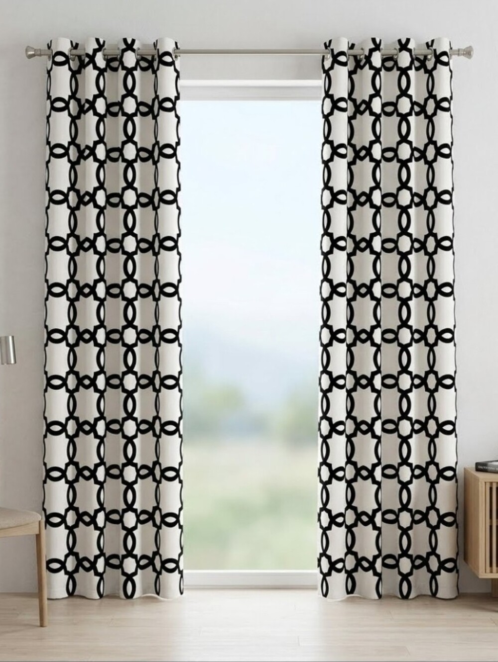 Pier 1 Imports White Black Velvet Arabesque Curtain Panels Set of 2 50" x 84"